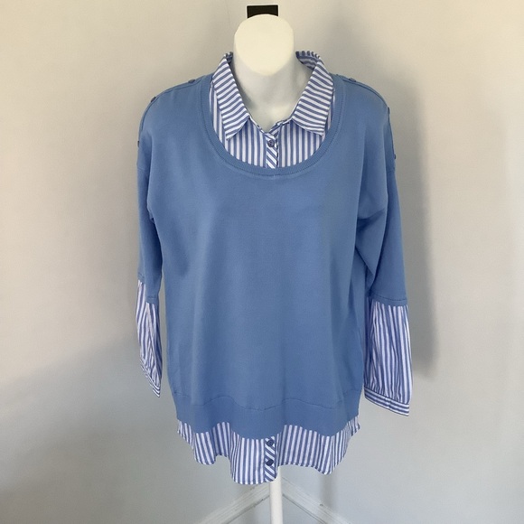 Leo & Ugo NWT Lt. Blue Built-in Shirt Knit Sweater Sz. L - Picture 6 of 9